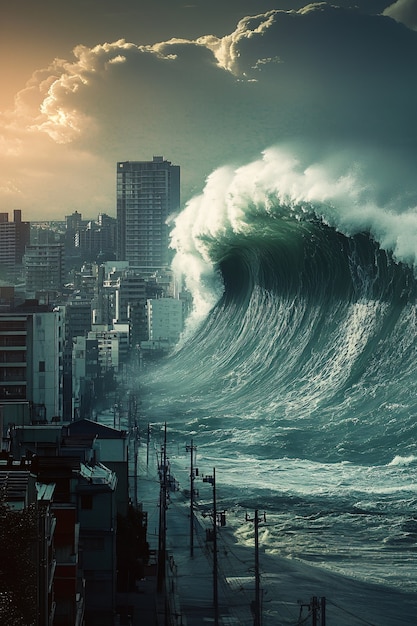 Free photo large tsunami wave crashing into a city