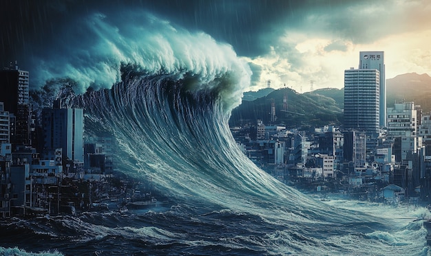 Free photo large tsunami wave crashing into a city