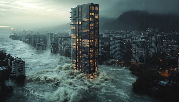 Free photo large tsunami wave crashing into a city