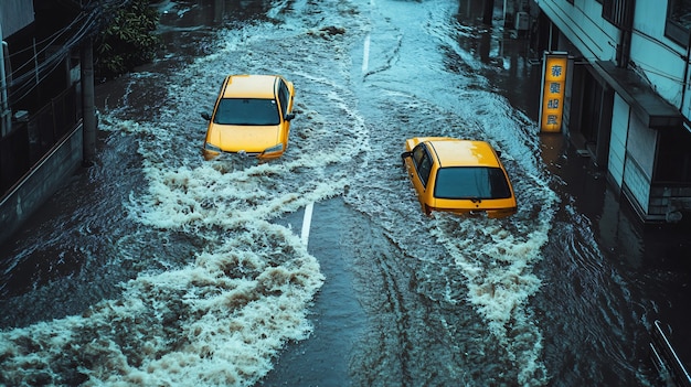 Free photo large tsunami wave crashing into a city