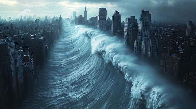 Free photo large tsunami wave crashing into a city