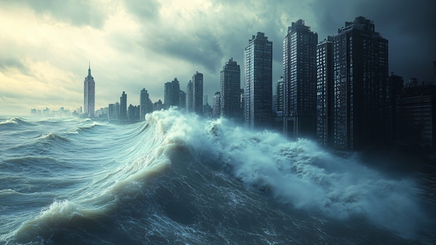 Free photo large tsunami wave crashing into a city