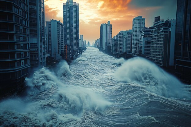 Free photo large tsunami wave crashing into a city