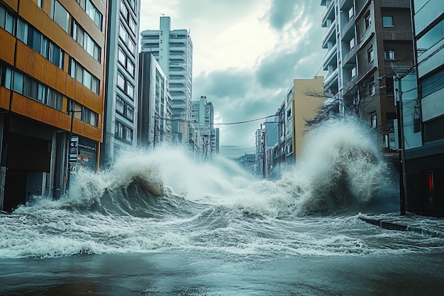 Free photo large tsunami wave crashing into a city