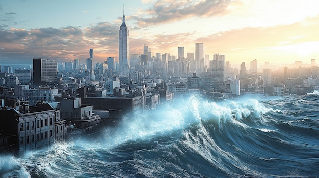 Large tsunami wave crashing into a city