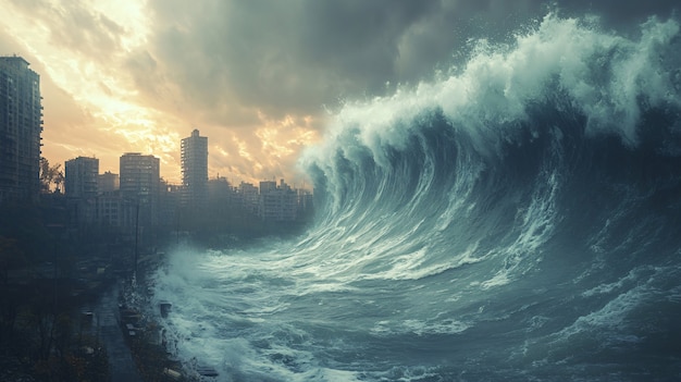 Free photo large tsunami wave crashing into a city