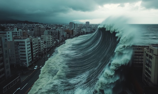 Free photo large tsunami wave crashing into a city