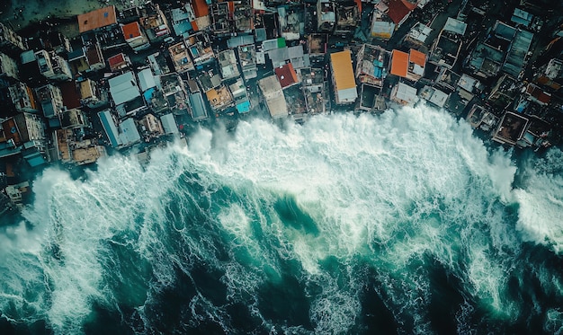 Free photo large tsunami wave crashing into a city