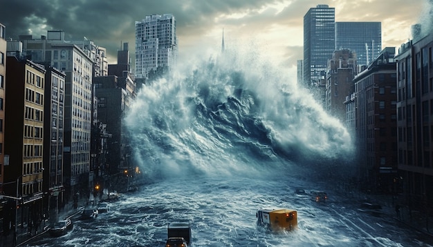 Free photo large tsunami wave crashing into a city