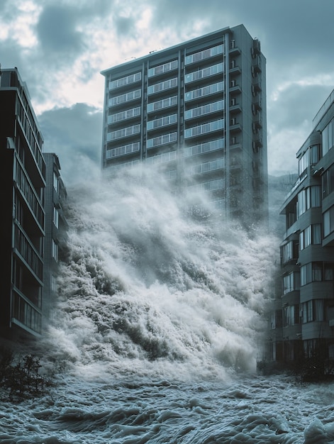 Free photo large tsunami wave crashing into a city