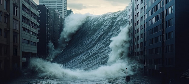 Free photo large tsunami wave crashing into a city