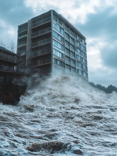 Free photo large tsunami wave crashing into a city