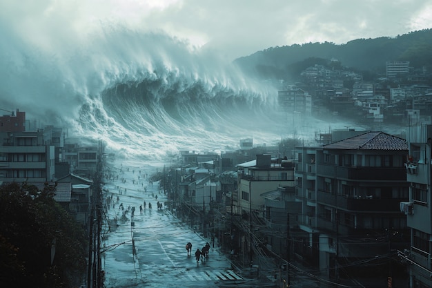 Large tsunami wave crashing into a city