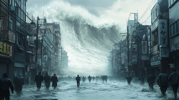 Large tsunami wave crashing into a city