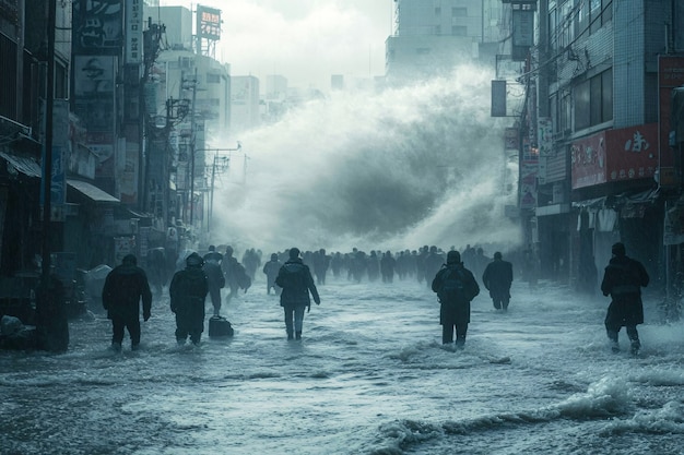 Free photo large tsunami wave crashing into a city