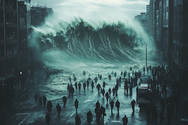 Large tsunami wave crashing into a city