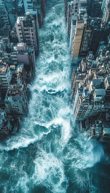 Free photo large tsunami wave crashing into a city