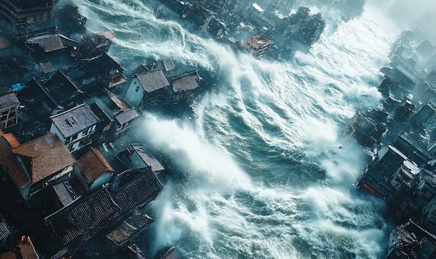 Free photo large tsunami wave crashing into a city