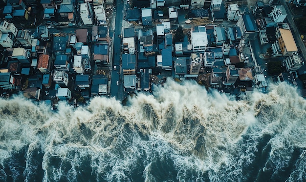 Large tsunami wave crashing into a city