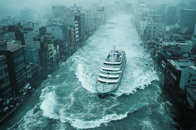 Large tsunami wave crashing into a city