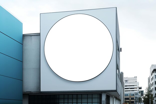 Free photo large white blank circular billboard attached to the wall of the building