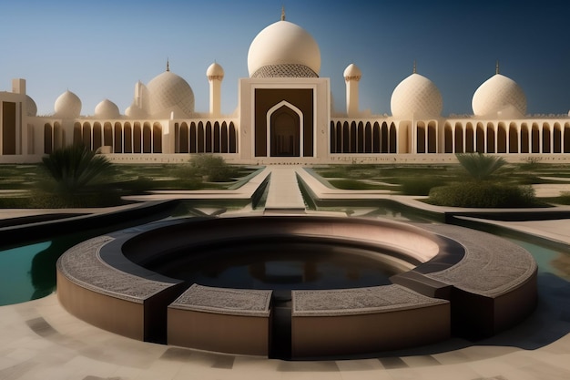 A large white building with a dome and a mosque in the middle.