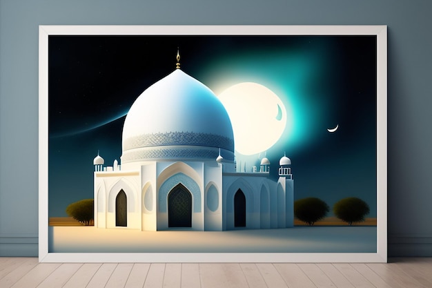 Free photo a large white wall with a picture of a mosque and the moon.