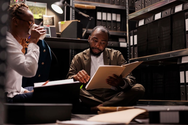 Law enforcement agents sitting on flooor and investigating crime together. African american man and woman detective partners analyzing case files and drinking coffee at night time