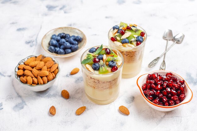 Layered trifle dessert in serving glasses.