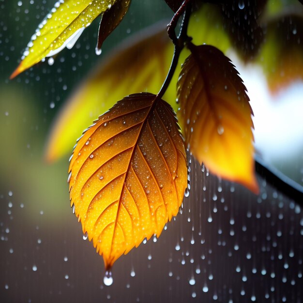 A leaf with the rain drops on it