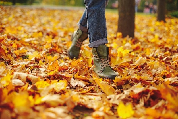 Free photo leather shoes walking on fall leaves outdoor