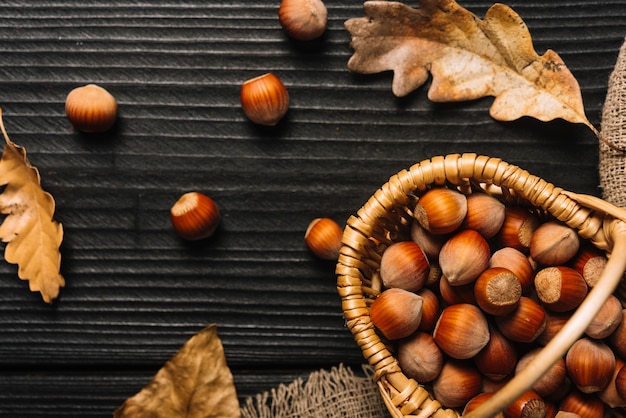 Leaves near basket with nuts