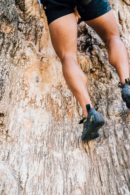 Legs of man climbing on rock