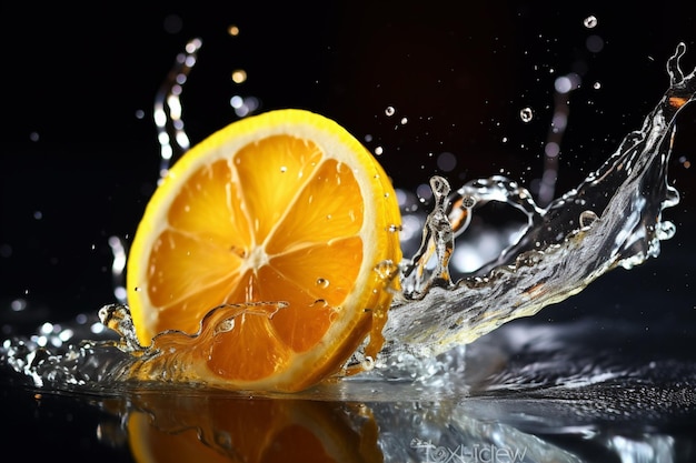 Lemon slice in a splash juices water falling drops