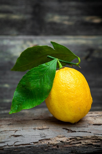 Free photo lemon with leaves on dark wooden background, side view.