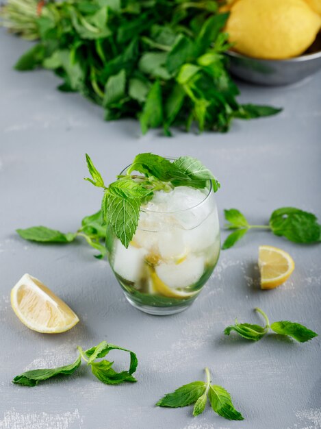 Lemons and mint in a bowl with icy detox water