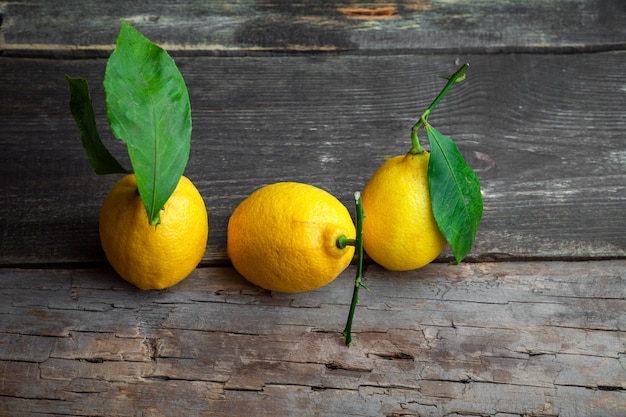 Lemons with leaves side view on a dark wooden background