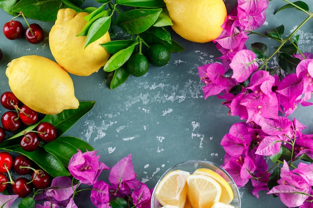 Lemons with leaves, slices, flowers, cherries on plaster surface