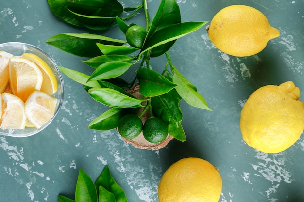 Lemons with leaves, wooden board on plaster surface, top view