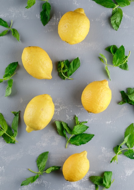 Free photo lemons with mint leaves flat lay on a plaster surface