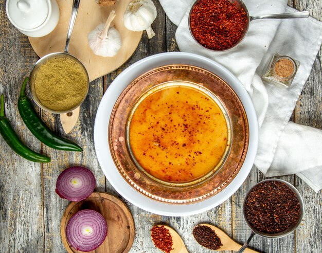 Lentil soup  onion  pepper  sumakh  top view