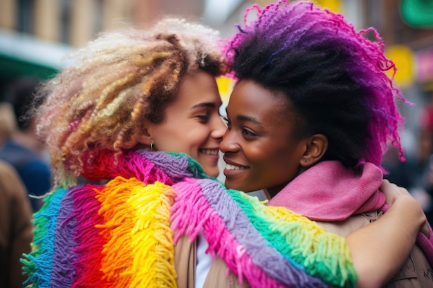 Free photo lesbian couple showing affection and love with rainbow colors