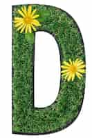 Free photo letter d made of green grass with flowers isolated on white