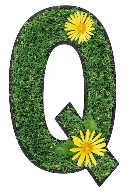 Free photo letter q made of green grass with flowers isolated on white font for your design