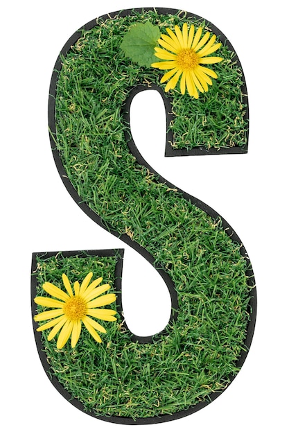 Free Photo letter s made of green grass with flowers isolated on white