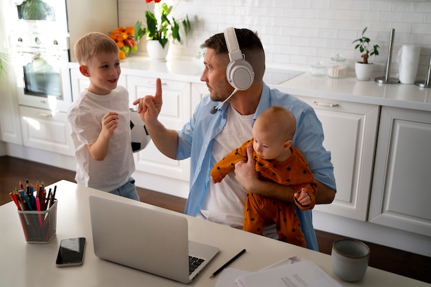 Lifestyle of parents working remotely with children at home