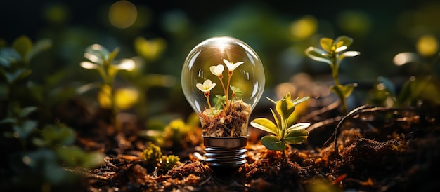 Light bulb with small plant growing inside Ecology and environment concept