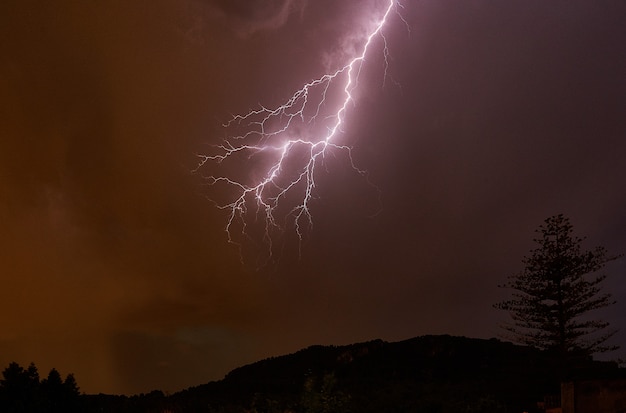 Free Photo lightning in the night sky and mountains with trees