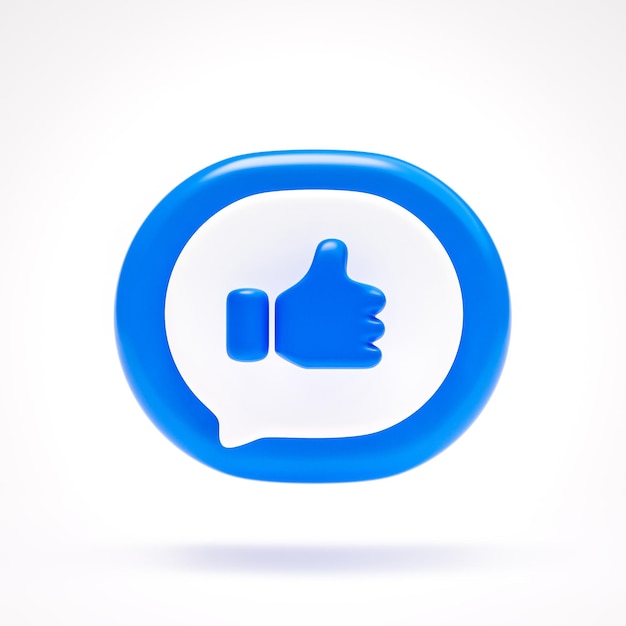 Like or thumb up icon good sign or symbol button on blue speech bubble on white background 3D rendering