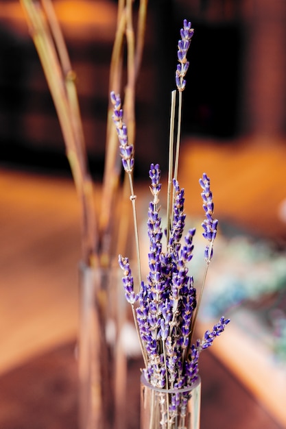 Lilac lavender in the glass vase side view